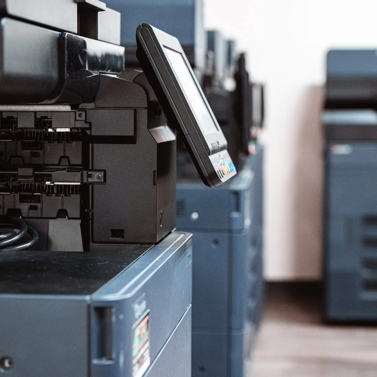 Business copier control panel and internal components inspected during service