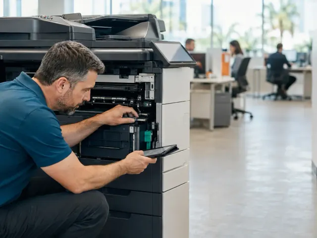 Local technician servicing a business copier